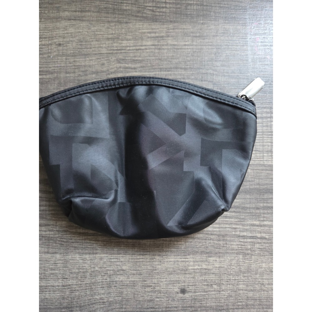 DKNY Black Nylon Cosmetic Bag Tonal Logo Makeup Pouch Travel Case Zip Closure